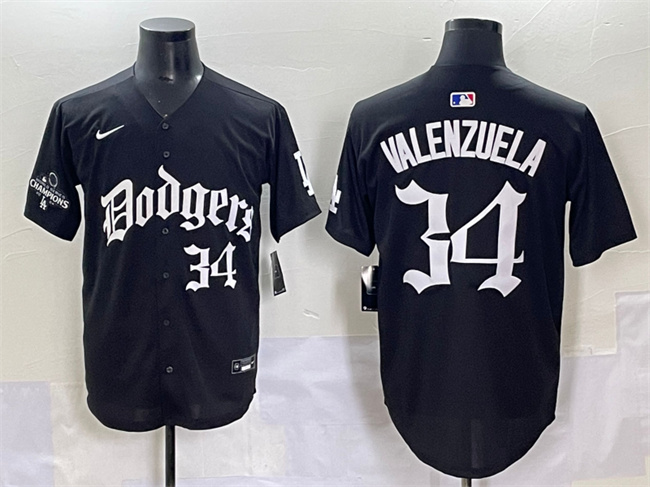Men's Los Angeles Dodgers #34 Fernando Valenzuela Black 2025 LA Gothic Style With 2024 World Series Champions Patch Vapor Premier Limited Stitched Baseball Jersey Men's Los Angeles Dodgers #34 Fernando Valenzuela Black 2025 LA Gothic Style With 2024 World Series Champions Patch Vapor Premier Limited Stitched Baseball Jersey